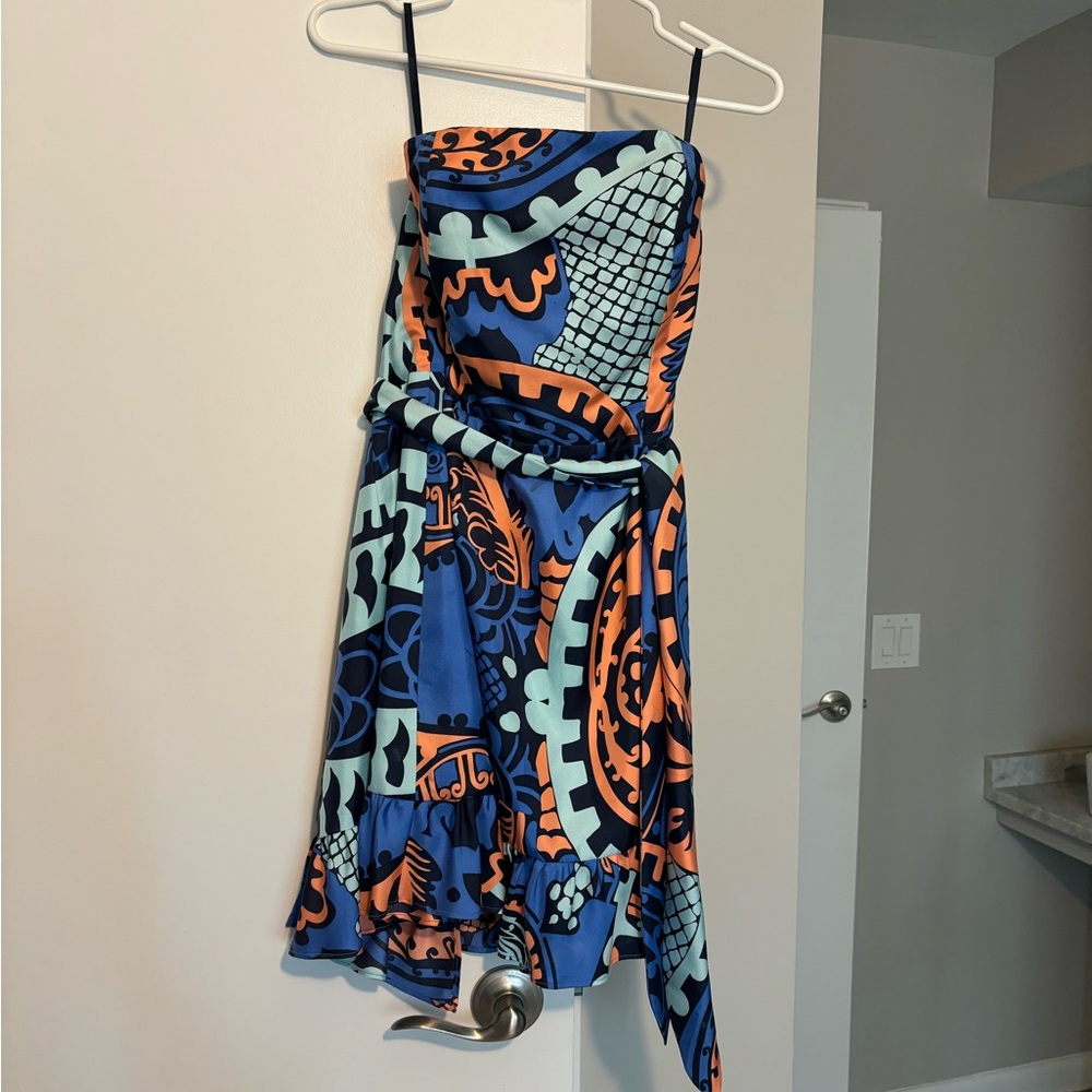 CK Bradley Blue and Orange Women's Silk Dress strapless wrap beautiful s small
